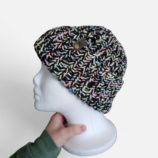 Black & Pastel Rainbow Chunky Knit Beanie